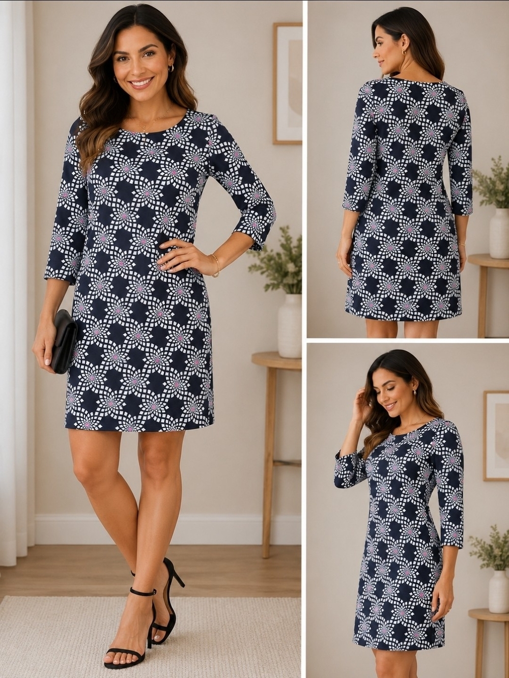 Women's Black Floral Dot Shift Dress